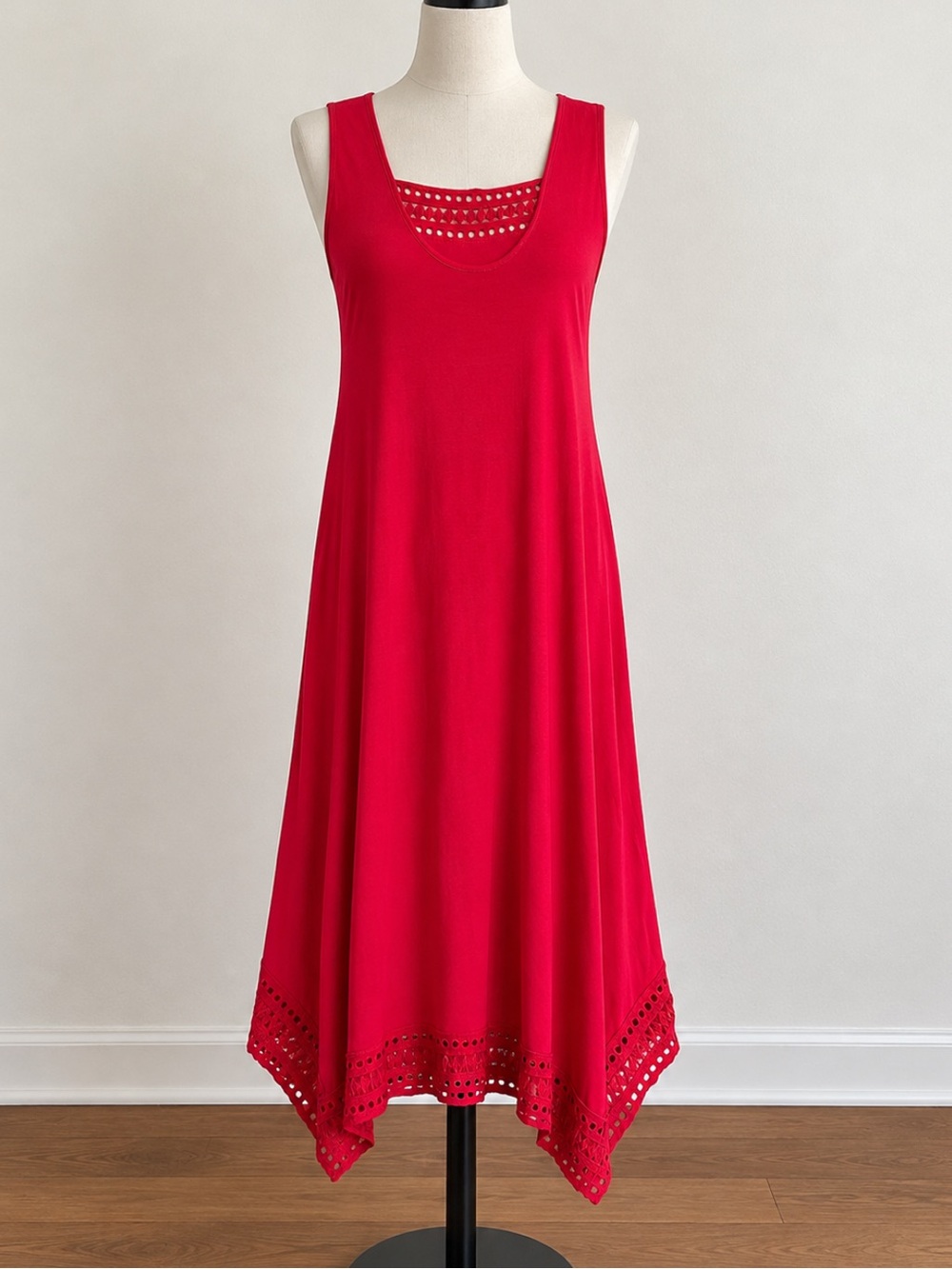Red Sleeveless Handkerchief-Hem Dress with Eyelet Embroidery. 45’ long (on the )